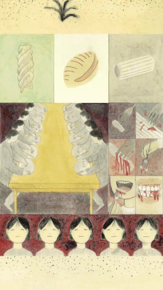 Illustration grid showing pasta shapes at top, two figures sitting at yellow table with spiral patterns, close-up mouth details, and five faces with closed eyes at bottom against red background
