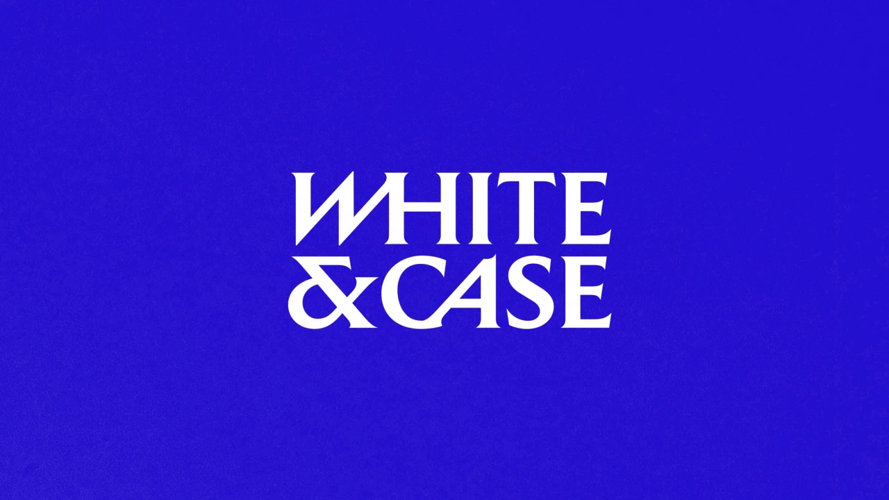 White & Case logo in white italic lettering on a vibrant electric blue background