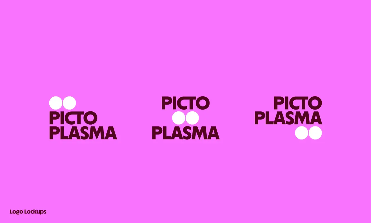 Three variations of the Pictoplasma logo on a bright magenta background, each featuring the word "Pictoplasma" in dark purple text with two white circles positioned above or beside it to suggest a face