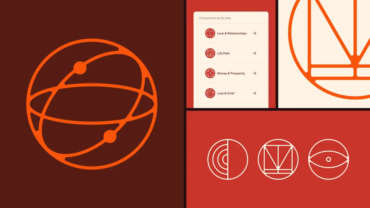 Orange line illustration of an atom with orbiting electrons on dark brown background, alongside a menu card and three geometric symbol designs on red background