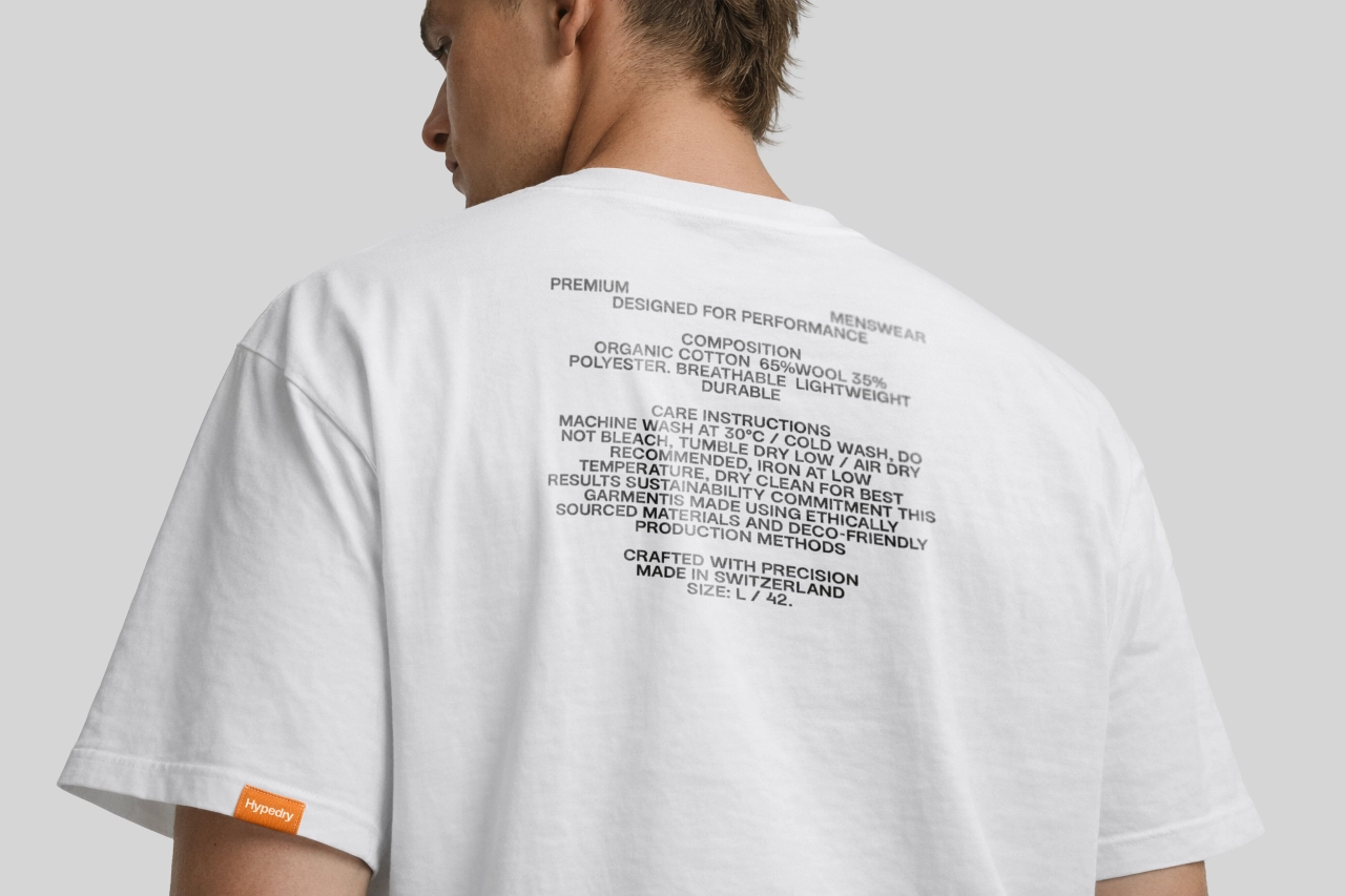 White t-shirt with printed garment care instructions and composition details on the back, featuring an orange label on the sleeve