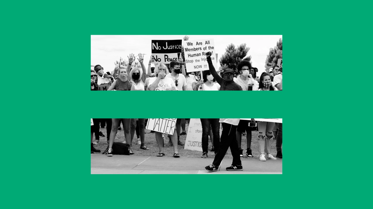 Two black and white photographs from civil rights protests showing crowds of demonstrators holding signs advocating for justice and equality
