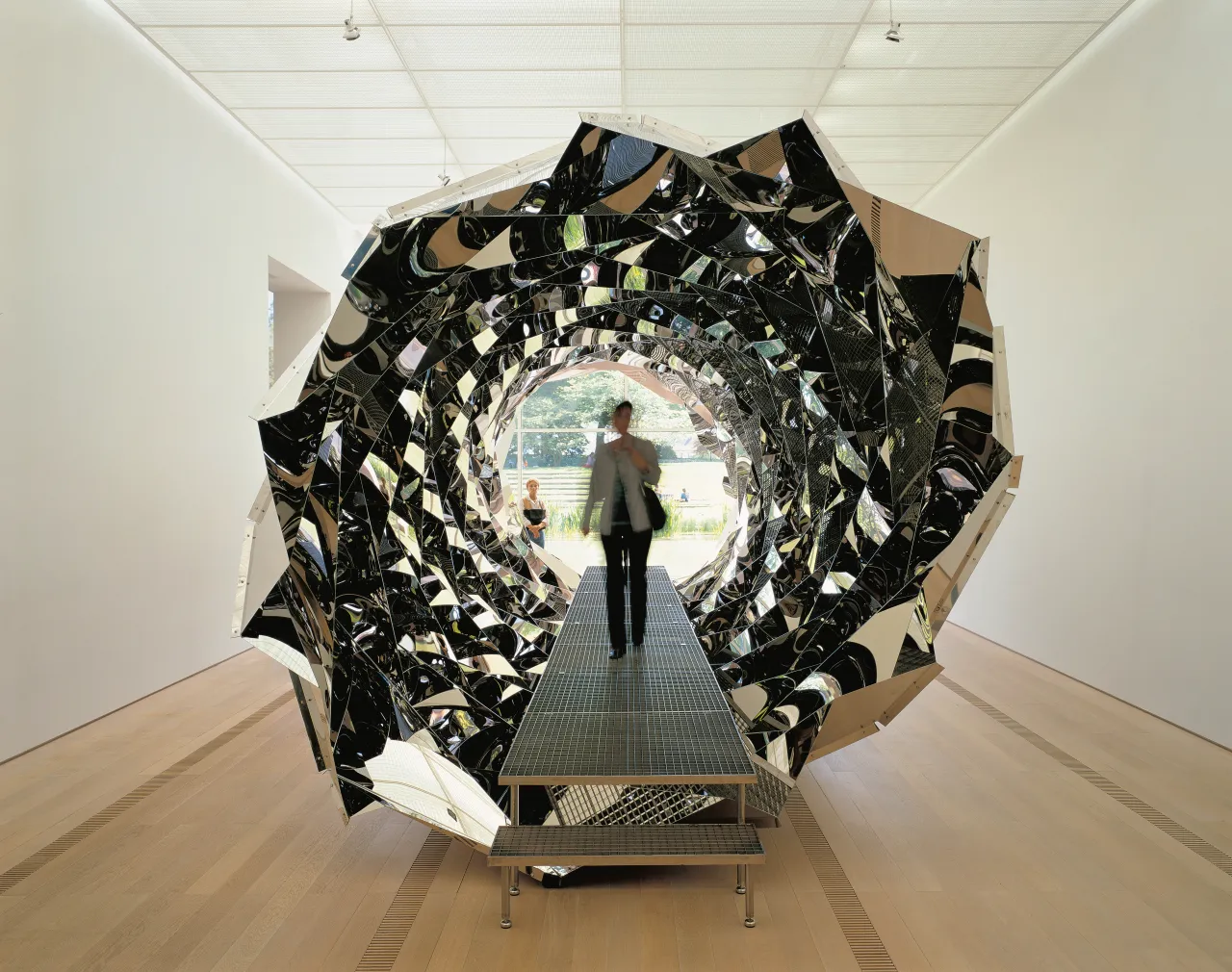 Your spiral view, 2002  Stainless steel, mirror, steel  3200 x 3200 x 8000 mm  Installation view at Fondation Beyeler, Basel, Switzerland, 2002 Photographer: Jens Ziehe  Boros Collection, Berlin  © 2002 Olafur Eliasson