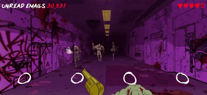 First-person view of a yellow gun firing at zombie figures in a purple-tinted corridor with unread emails counter and health hearts displayed on screen