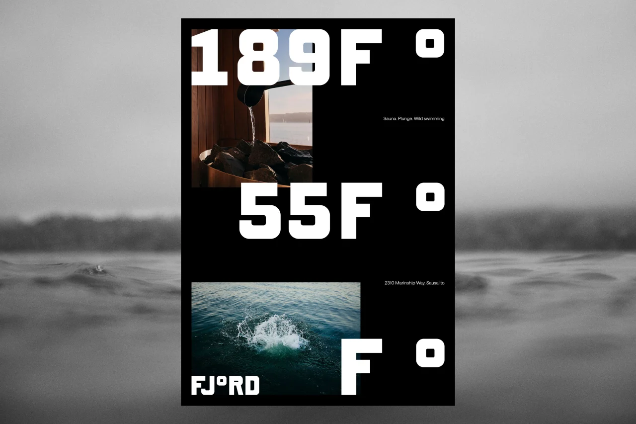 Fjord sauna brand poster displaying temperature contrasts with "189F°" above an interior image and "55F°" above a wave photograph, with "F°" and "FJORD" text on black background