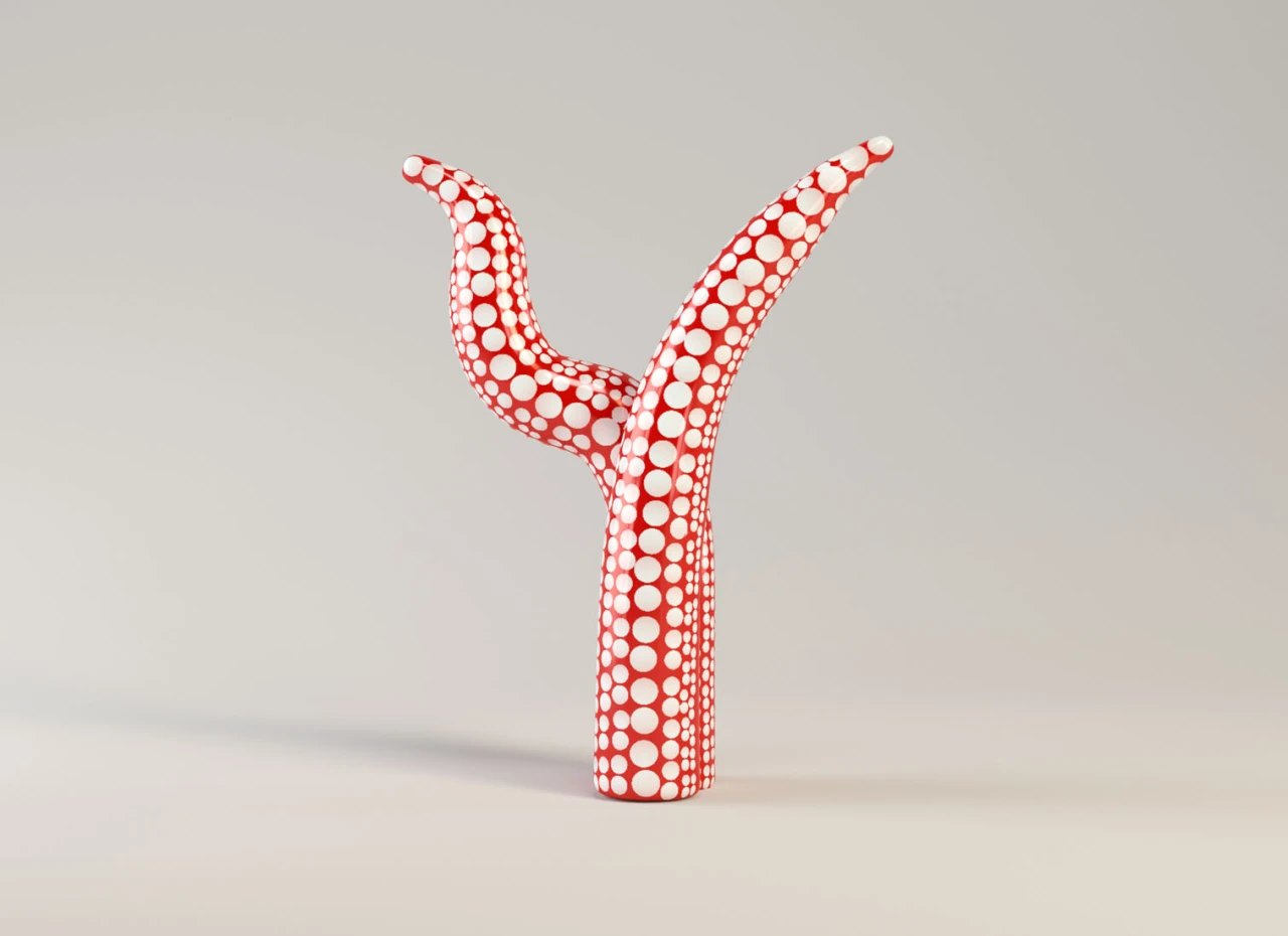 Red and white dotted Y-shaped sculptural form inspired by Yayoi Kusama's signature polka dot pattern