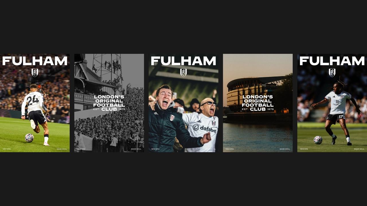 Five variations of Fulham FC's new identity system featuring the FULHAM wordmark alongside football action imagery and architectural views of Craven Cottage