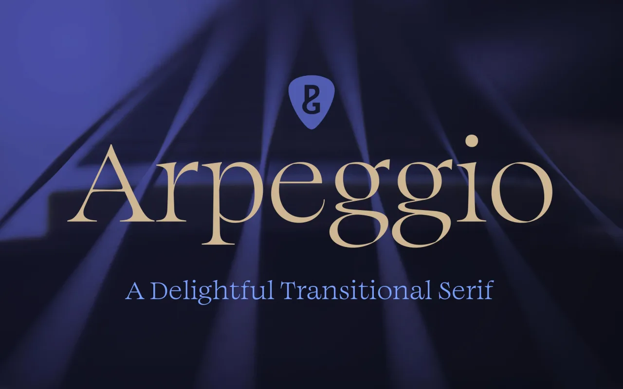 Arpeggio typeface logo with gold serif lettering on a dark blue draped fabric background, subtitled "A Delightful Transitional Serif