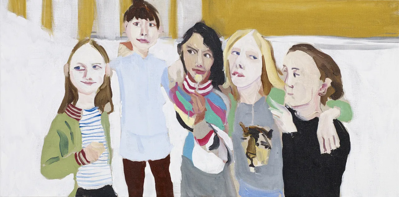 Poppy, Esme, Oleanna, Gracie and Kate, 2014 Oil on canvas 40 x 80 x 3.5 cm 15 3/4 x 31 1/2 x 1 3/8 in © Chantal Joffe Courtesy the artist and Victoria Miro, London / Venice