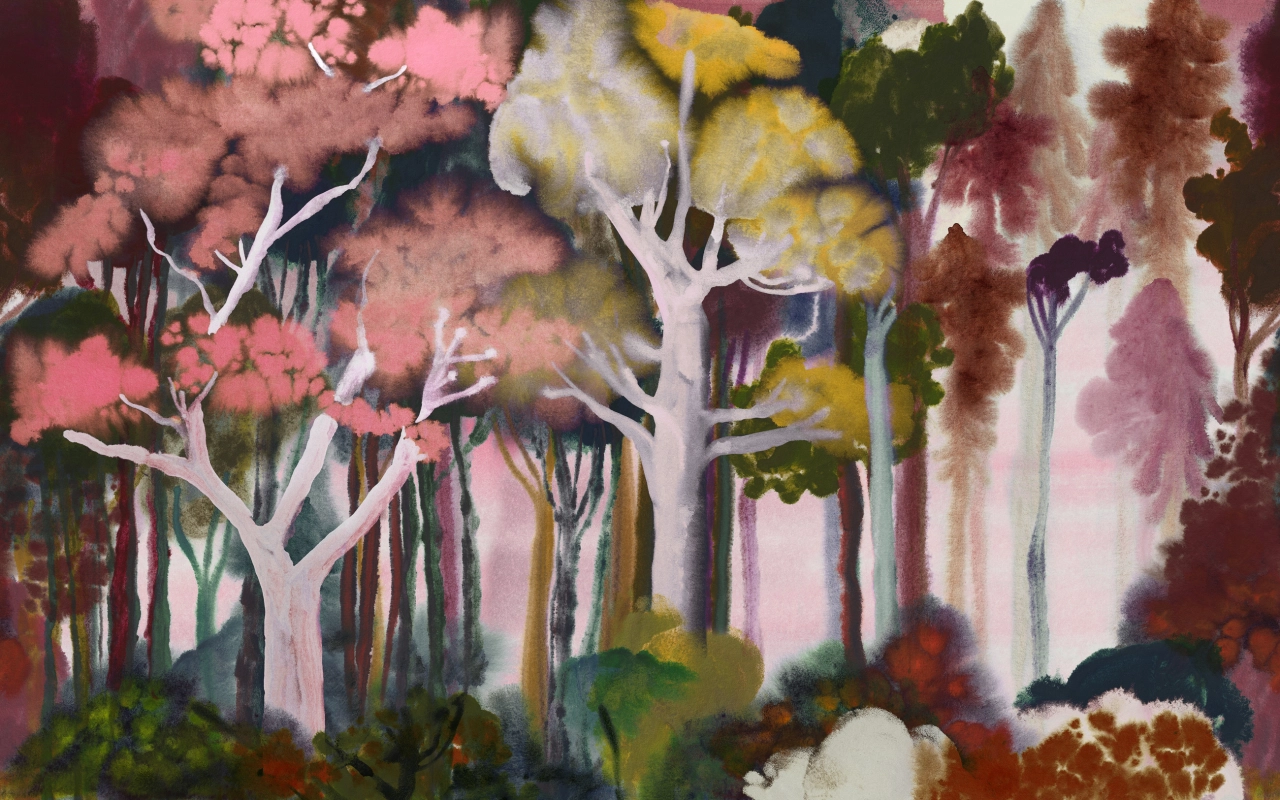 Watercolour painting of a misty forest with white-trunked trees, pink and yellow foliage, and layered vegetation in soft, muted tones