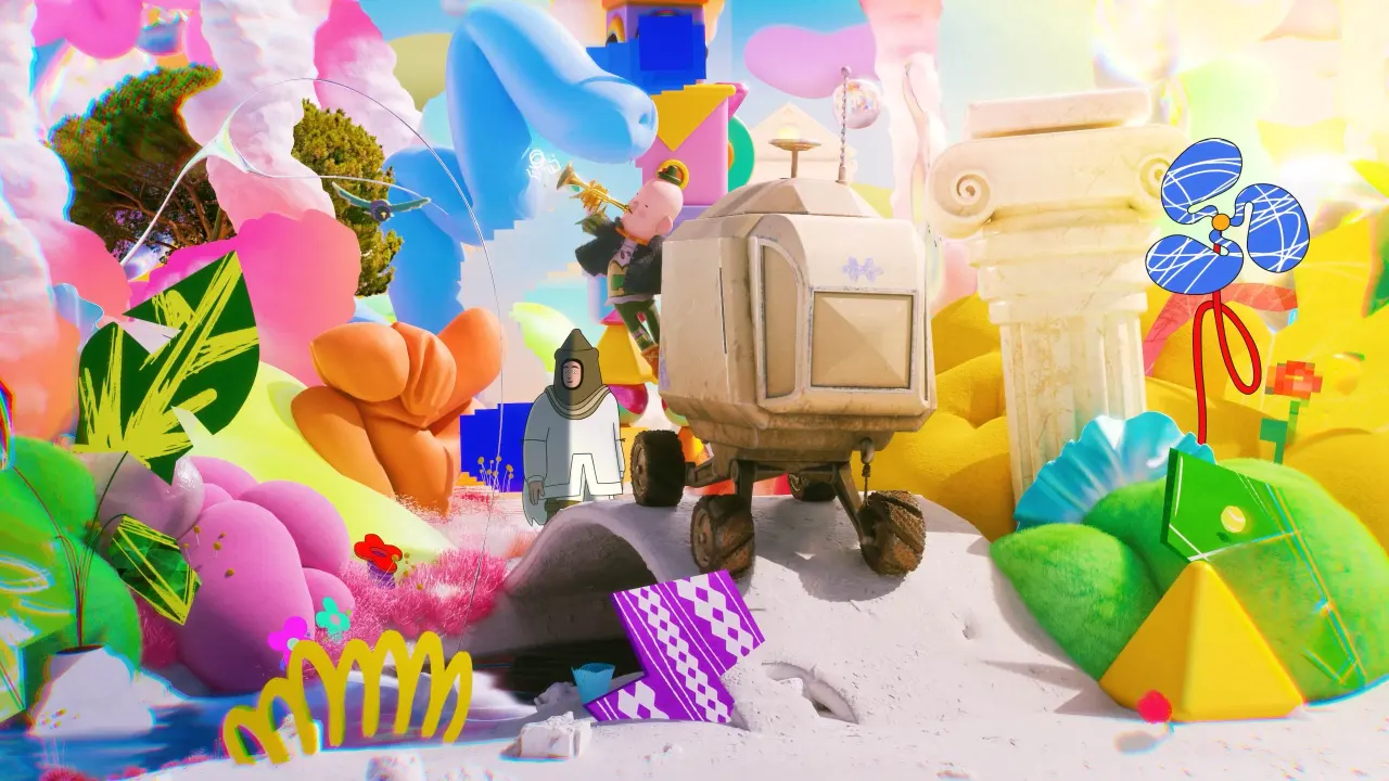Colourful surreal landscape with a beige wagon surrounded by oversized vibrant flowers, geometric shapes and playful characters in multiple artistic styles